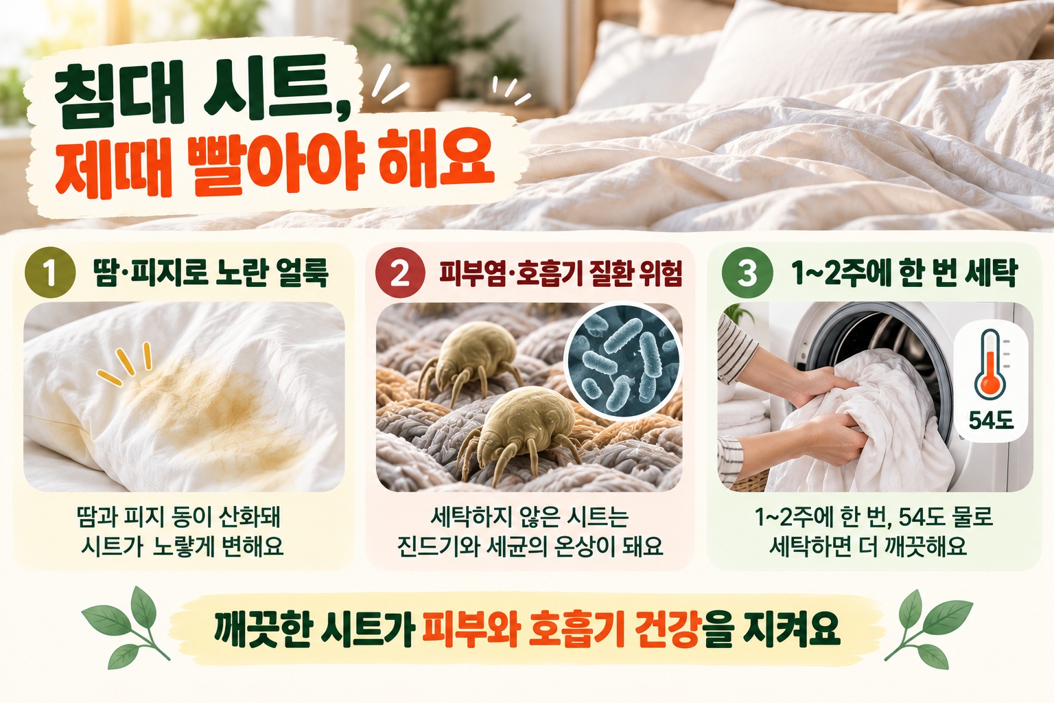침대 시트 세탁 주기, 노랗게 변하기 전에 1~2주마다 빨아야 하는 이유