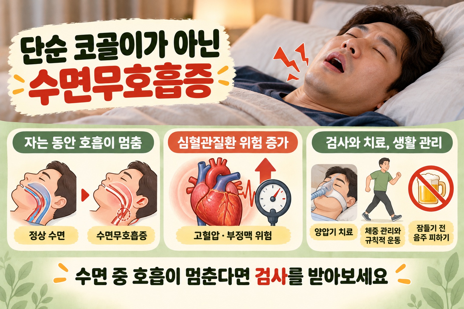수면무호흡증 증상, 자도 피곤하고 숨 멈춘다면 심혈관질환까지 주의