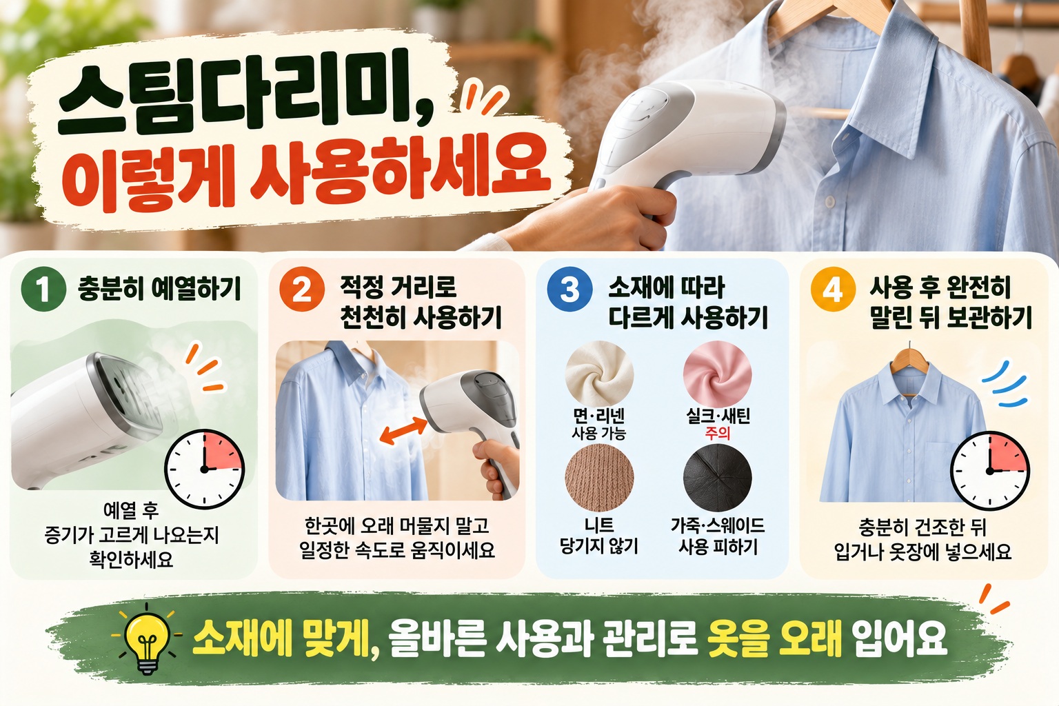 스팀다리미 사용법, 물자국·옷감 손상 막는 소재별 주의사항과 관리 요령