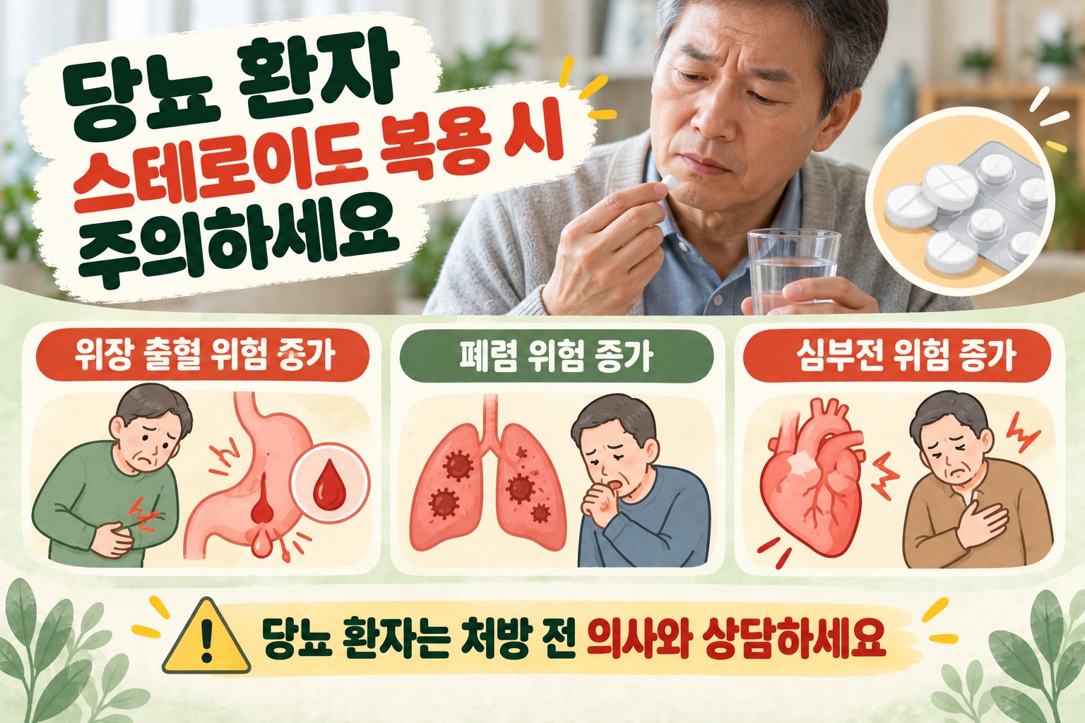 당뇨병 스테로이드 부작용, 단기 복용도 위장 출혈·폐렴·심부전 위험 높여