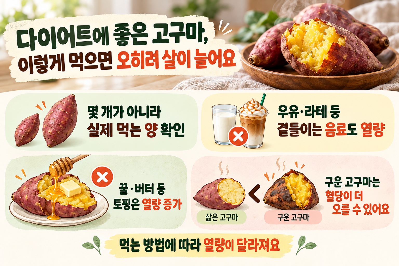 고구마 다이어트, 밥 대신 먹어도 살찔 수 있다… 양·음료·조리법이 중요한 이유