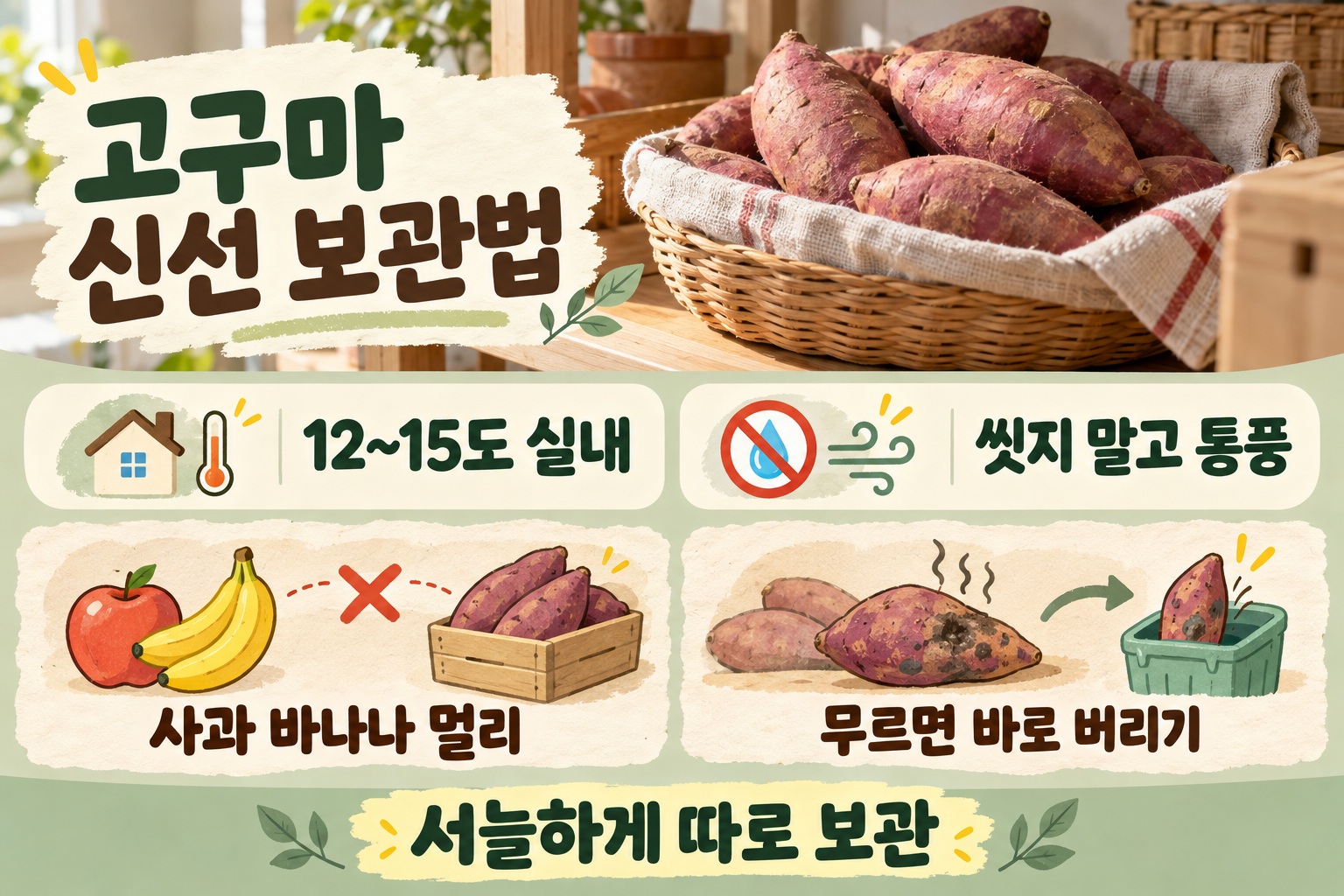 고구마 보관법, 냉장고 피하고 12~15도에서 오래 신선하게 보관하는 방법