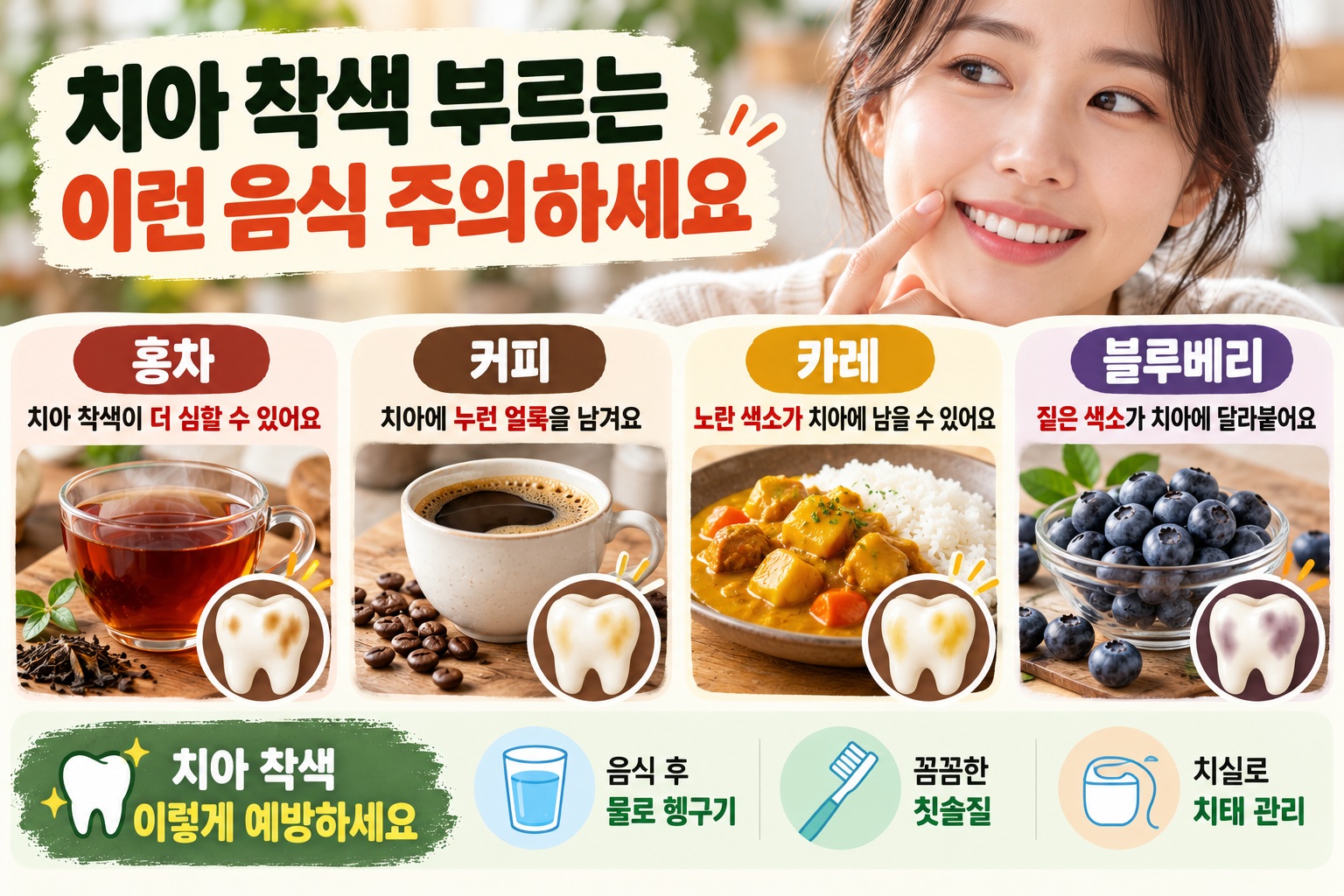 치아 착색 음식 4가지, 양치해도 누런 치아 만드는 홍차·커피·카레·블루베리