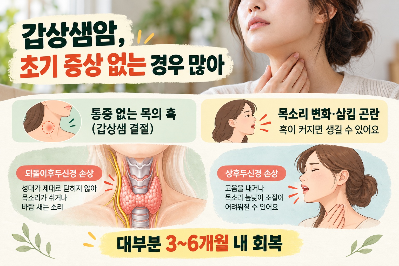 갑상선암 수술 후 목소리 변화 원인과 회복 기간, 쉰 목소리·사레가 지속될 때 확인할 것