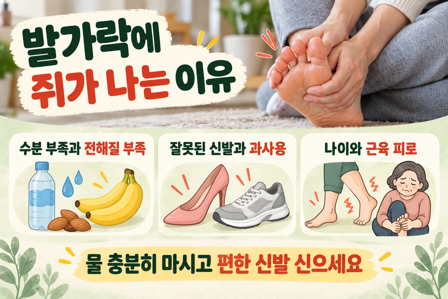 발가락 쥐 나는 이유, 수분·전해질 부족부터 신발과 질환까지