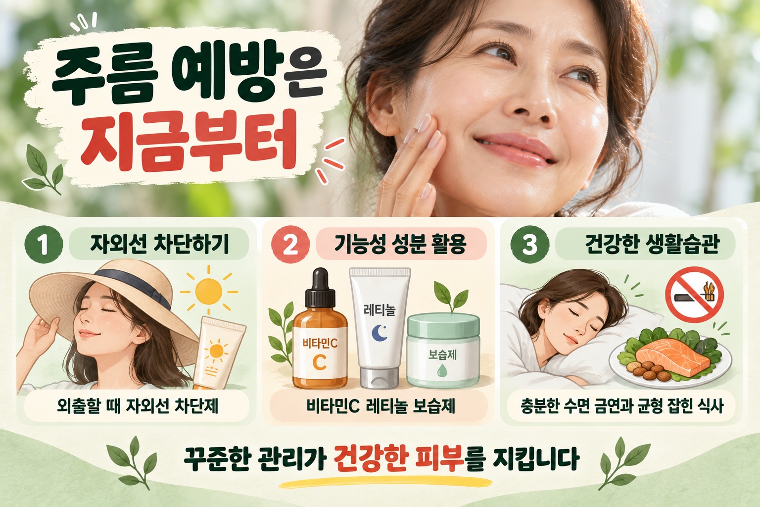 주름 예방, 자외선 차단부터 레티놀·수면 자세까지 피부 노화 늦추는 습관